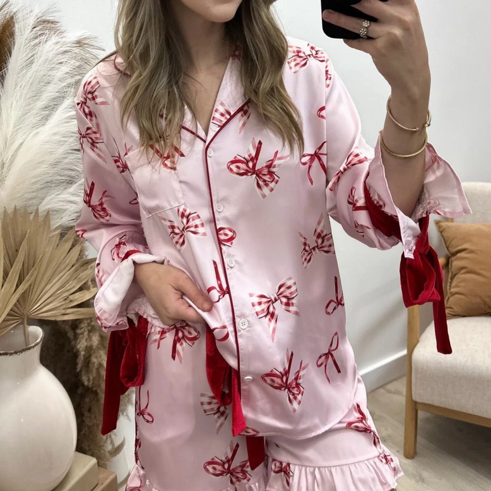 Fantastic Fawn Pajama Button Down Shirt Pink & Red Bow Print Long Sleeve Large